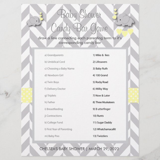 Sweet Yellow and Grey Elephant Baby Shower Game Flyer (Front)