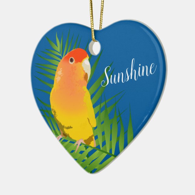 Sweet Yellow Lutino Lovebird Pet Bird Name Blue Ceramic Ornament (Left)
