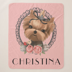 Sweet Yorkie Puppy Pink Floral Girly Sherpa Blanket