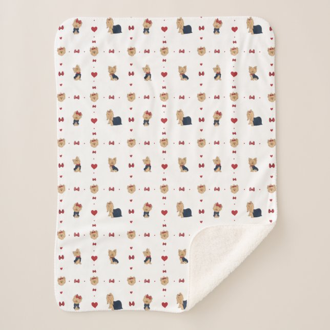 Sweet Yorkies Bows and Hearts - White - Sherpa Blanket (Front)