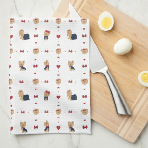 Sweet Yorkies Bows Hearts White Kitchen Towel