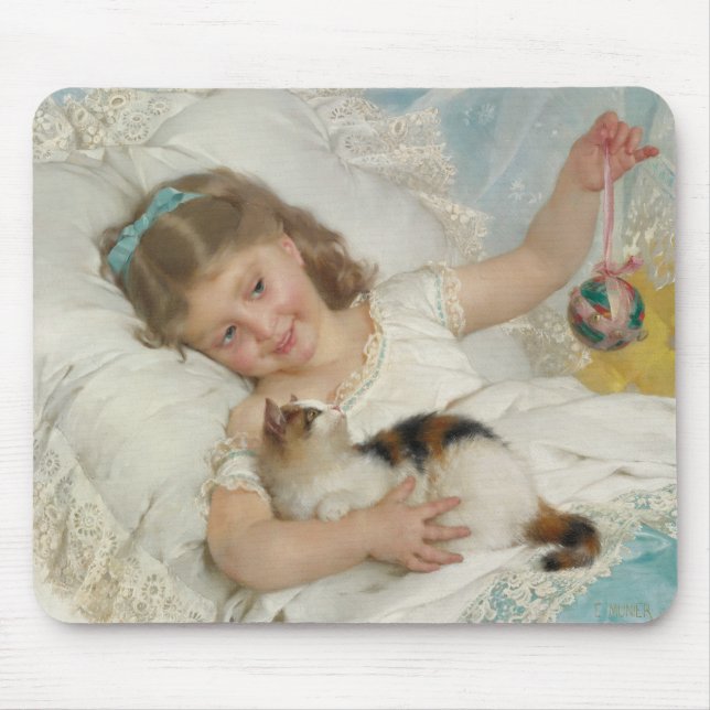Sweet Young Girl Playing With Her Pet Cat (Munier) Mouse Pad (Front)