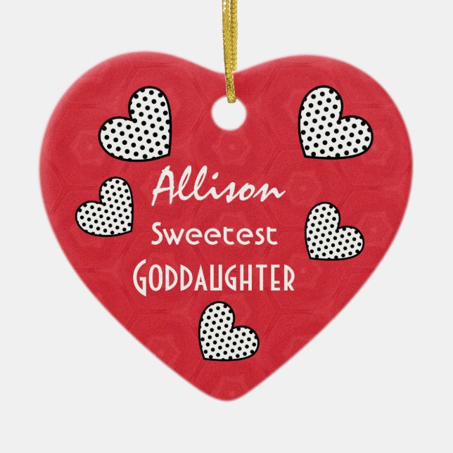 Sweetest GODDAUGHTER Polka Dot Hearts V07A Ceramic Ornament (Front)