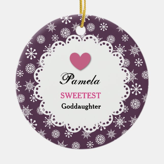 Sweetest Goddaughter Purple White Snowflakes S17Z Ceramic Ornament (Front)