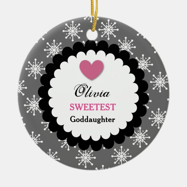 Sweetest Goddaughter Silver White Snowflakes S18Z Ceramic Ornament (Front)