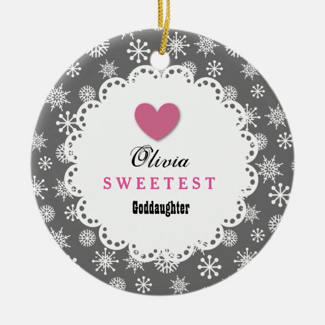 Sweetest Goddaughter Silver White Snowflakes S18Z Ceramic Ornament (Front)