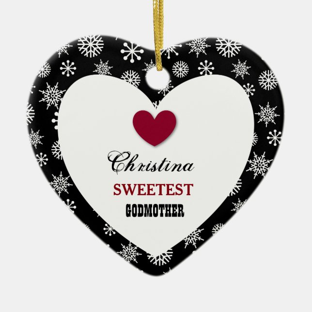 Sweetest Godmother Black White Snowflakes Q07A Ceramic Ornament (Front)