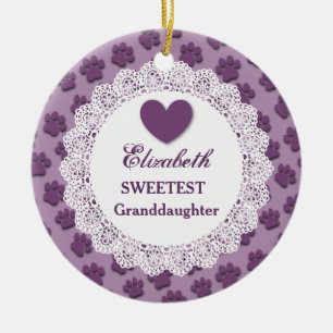 Sweetest Granddaughter Lace Purple Paw Prints V02 Ceramic Ornament