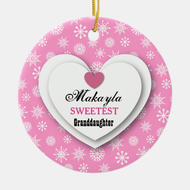 Sweetest Granddaughter Pink White Snowflakes C11 Ceramic Ornament (Front)