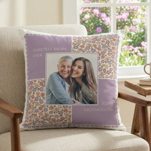 Sweetest Mom Ever Vintage Lavender Floral Photo Throw Pillow