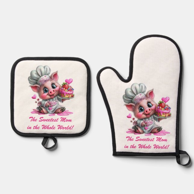 Sweetest Mom Pig Chef Oven Mitts & Pot Holder Set (Front)