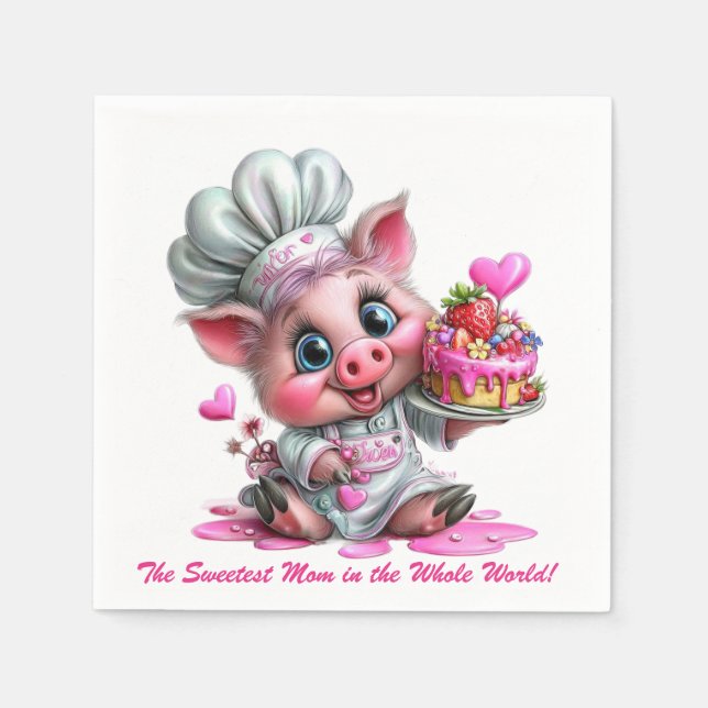 Sweetest Mom Pig Chef Party Napkins (Front)