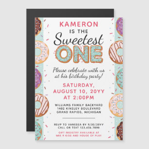 SWEETEST ONE Blue Iced Doughnuts Baby First Birthd Magnetic Invitation