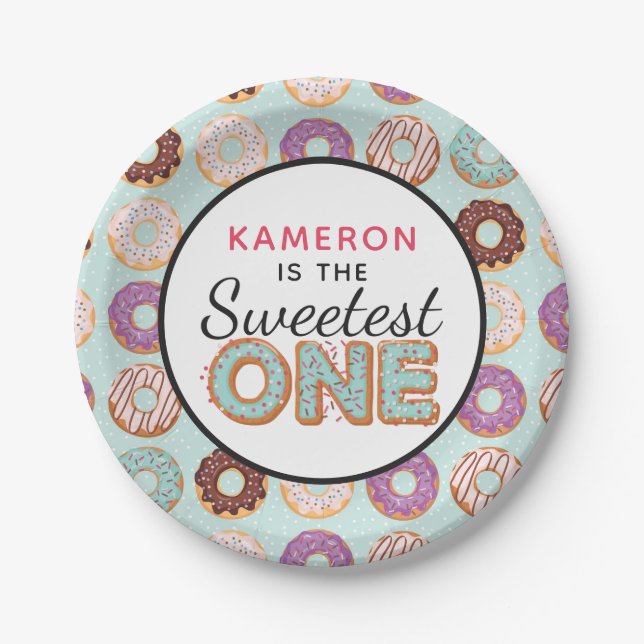 SWEETEST ONE Blue Iced Doughnuts Baby First Birthd Paper Plate (Front)