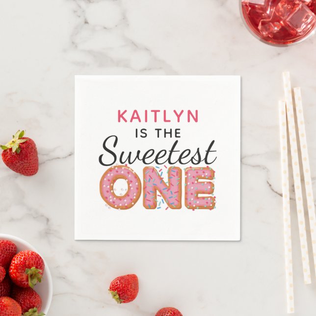 SWEETEST ONE Pink Iced Doughnuts Baby First Birthd Napkin (Insitu)