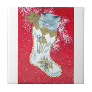 Sweetest Vintage Mid Century Christmas Kitten Tile
