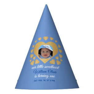 Sweetheart 1st Birthday Blue Boy Photo Gold Heart Party Hat