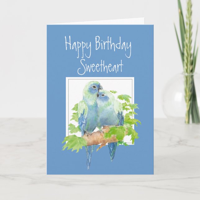 Sweetheart Birthday, Cute Romantic Parrots, Birds Card (Front)