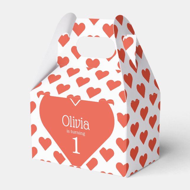 Sweetheart First Birthday Party Red Heart Gable Favor Box (Front Side)