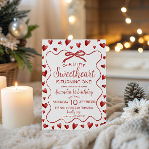Sweetheart Heart Theme First Birthday Invitation