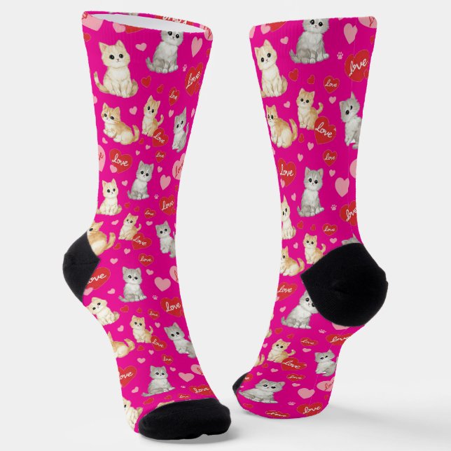 Sweetheart Kitten Valentine's Day Crew Socks (Angled)