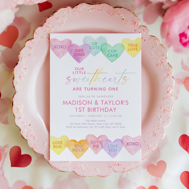 Sweetheart Pastel Rainbow Hearts Twin Birthday Invitation (Creator Uploaded)