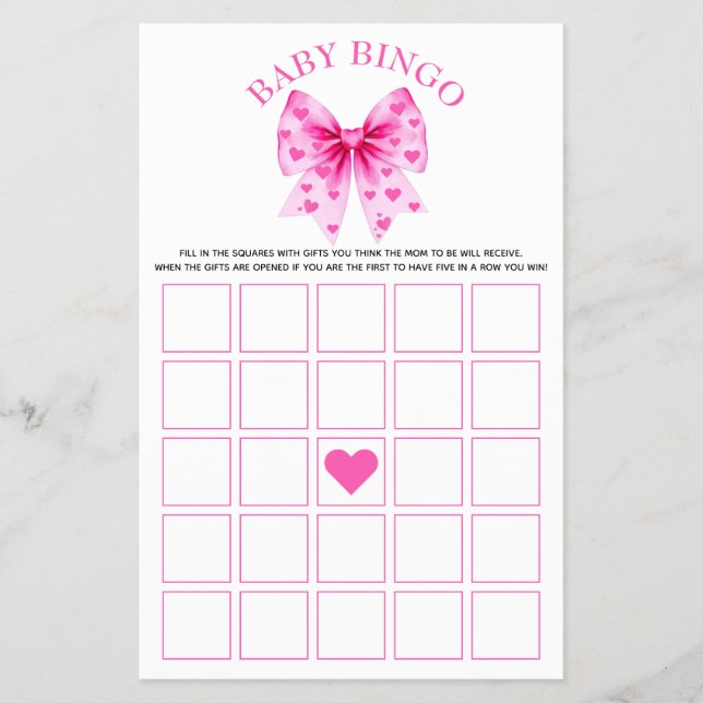 Sweetheart pink bow baby girl shower Bingo game Flyer (Front)