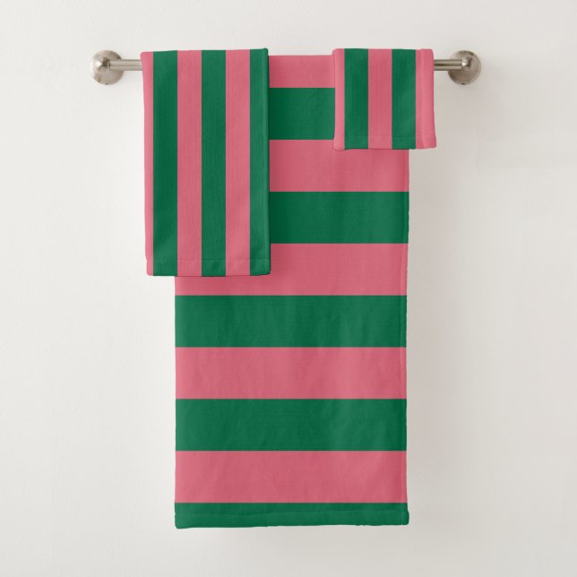 Sweetheart Pink Pickle Green Stripe Bath Towel Set (Insitu)