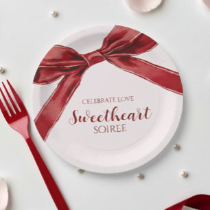 Sweetheart Soiree Elegant Bow Valentines Day Party Paper Plate