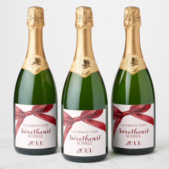 Sweetheart Soiree Elegant Bow Valentines Day Party Sparkling Wine Label (Bottles)