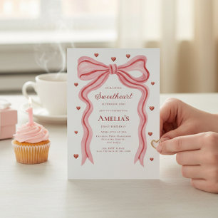 Sweetheart Watercolor Bow First Birthday QR Code I Invitation