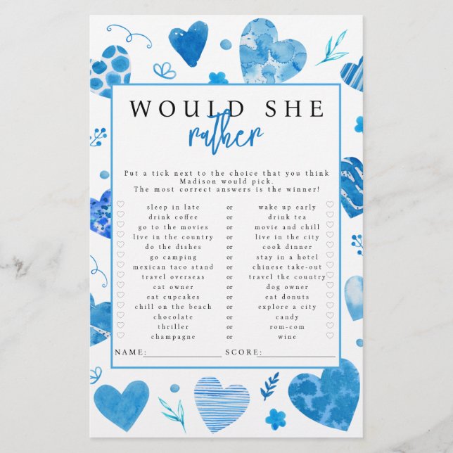 Sweetheart Would She Rather Baby Shower Game (Front)