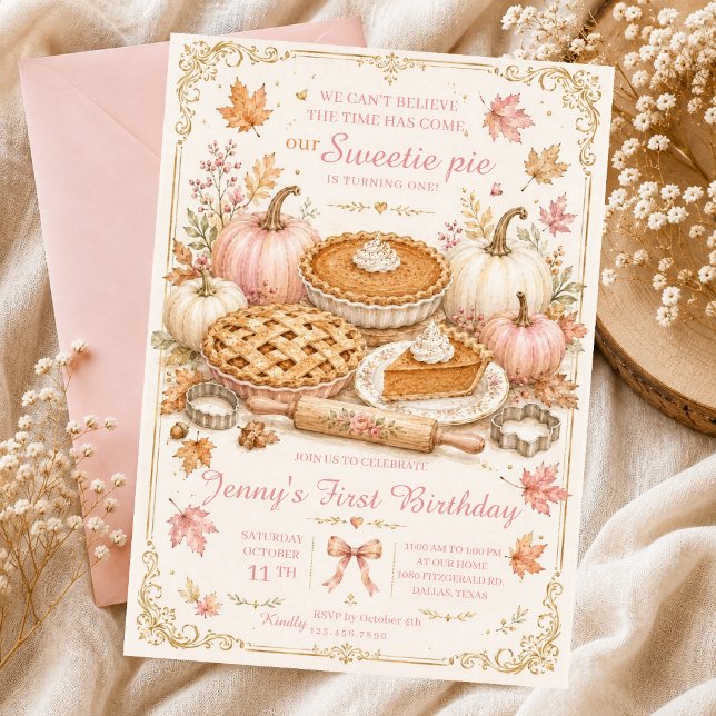 sweetie pie fall birthday pumpkin pink bow cake invitation (Creator Uploaded)