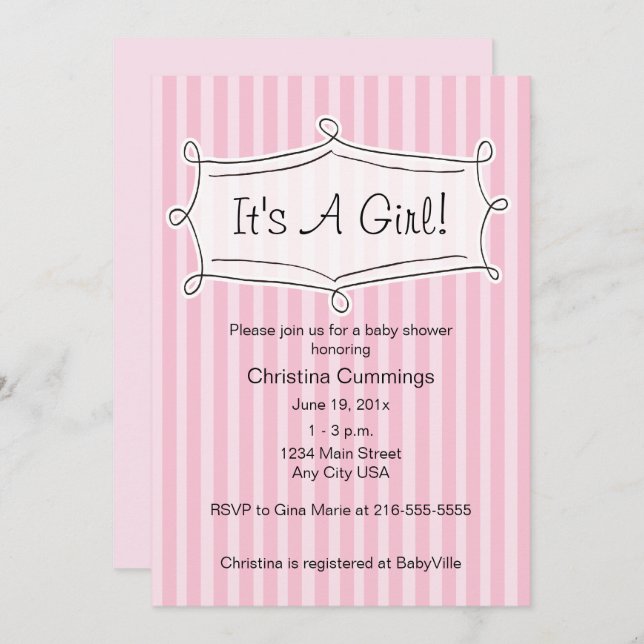 Sweetly Striped Baby Shower Invitation (Pink) (Front/Back)