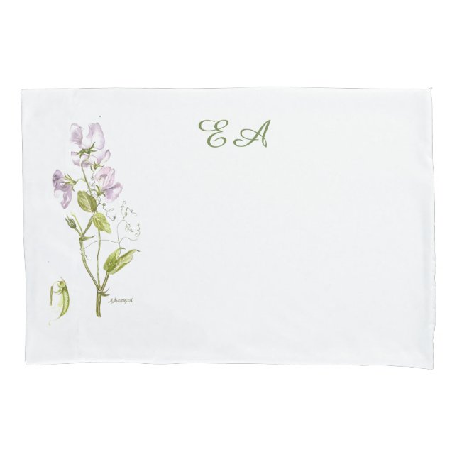 Sweetpea purple and green watercolor flower pillowcase (Front)