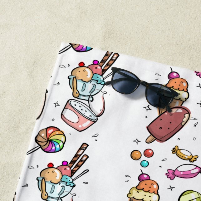 Sweets cartoon candy styled white colourful  beach towel (In Situ)