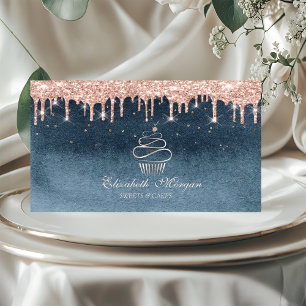 Sweets Cupcake Rose Gold Drips Diamonds Blue  Business Card