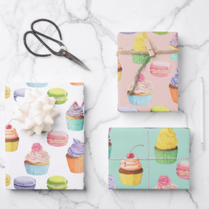 Sweets pattern cupcakes and macaroons wrapping paper sheet