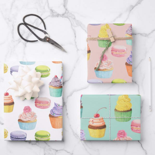Sweets pattern cupcakes and macaroons wrapping paper sheet (Front)