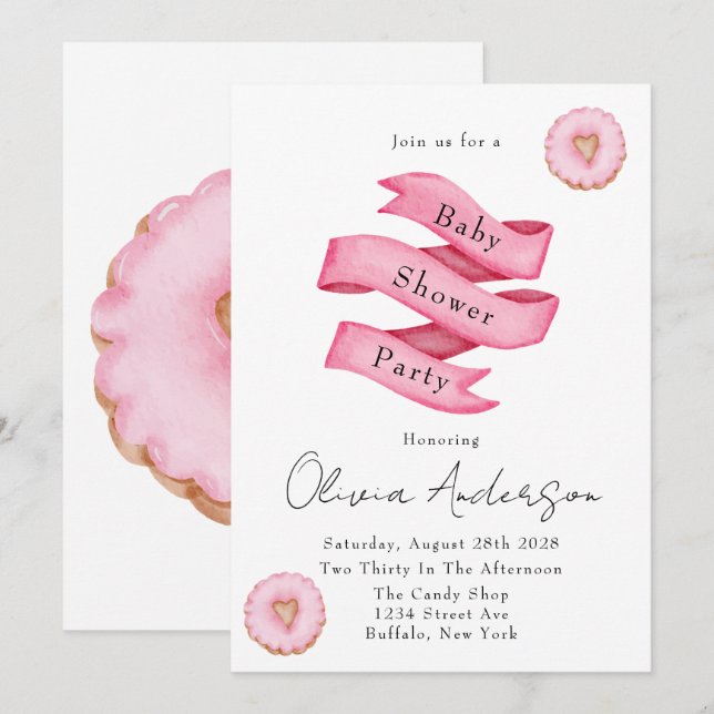 Sweets Pink Banner Doughnuts Baby Shower Party  Invitation (Front/Back)