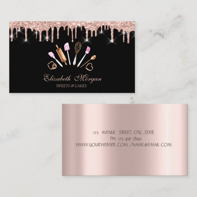 Sweets, Rose Gold Drips Bakery Tools Black Business Card (Front/Back)