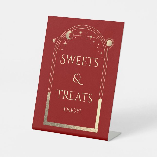 Sweets & Treats Mystical Red Gold Wedding Pedestal Sign (Front)
