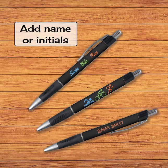 Swim bike run add name triathlon black pen (Three printed elements on a single pen)