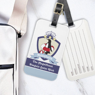 Swim Club Crest Cute Cartoon Penguin Kids Name Luggage Tag