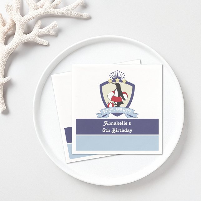 Swim Club Crest Penguin Kids Pool Birthday Party Napkin (Creator Uploaded)