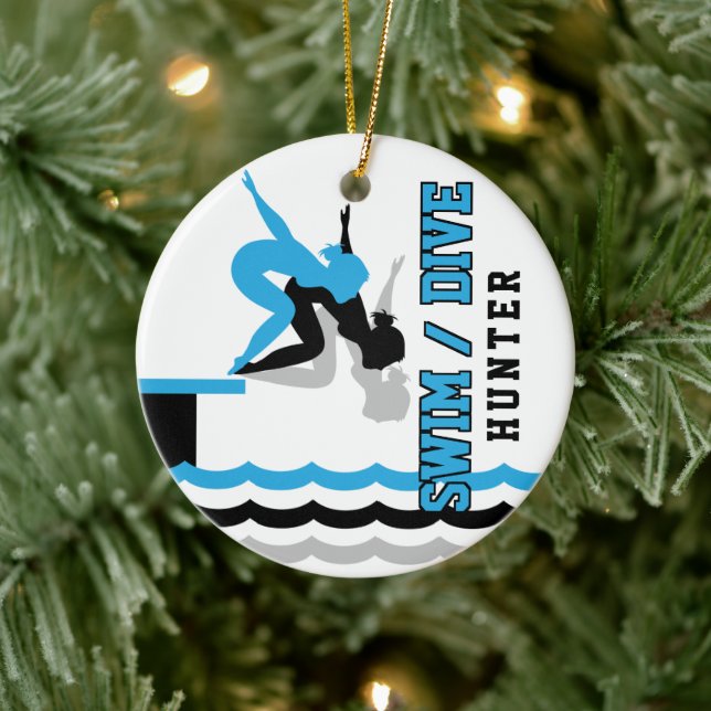 Swim Dive Team - Baby Blue and Black Ceramic Ornament (Tree)