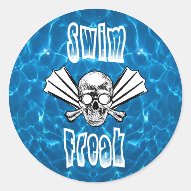 Swim freak round sticker with skull, fins, goggles (Front)