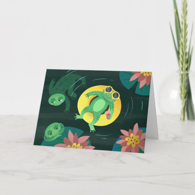 Swim Frog Yellow Sunglasses Birthday Card (Front)