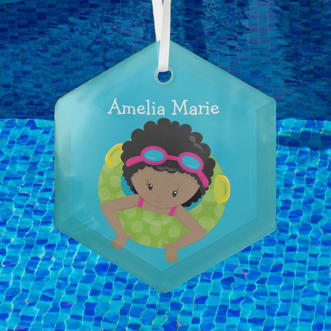 Swim Team African American Girl Cute Personalized Glass Ornament (Creator Uploaded)