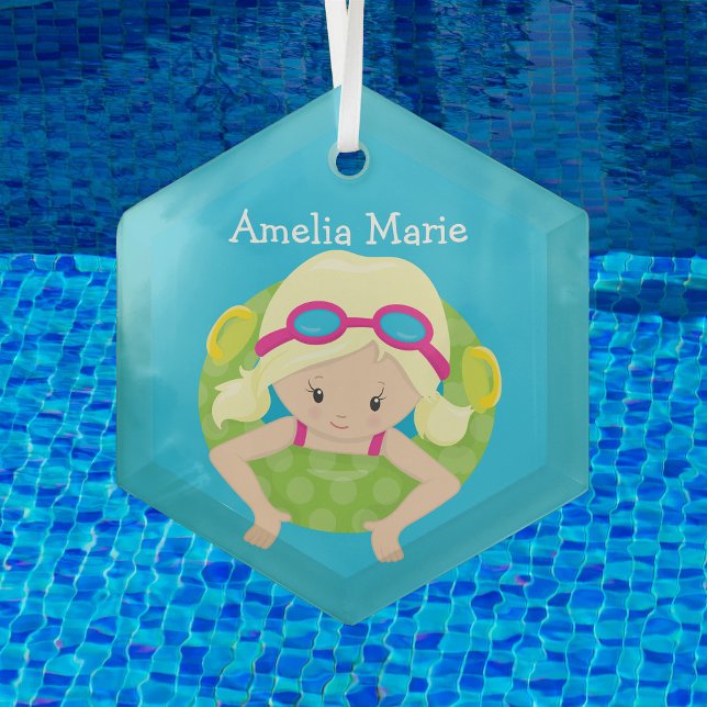 Swim Team Blonde Girl Cute Custom Christmas Glass Ornament (Creator Uploaded)